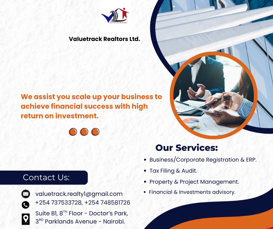 We assist you scale up your business to achieve financial success with high return on investment. 

Amboseli Opoda Mjengo Kila Mahali Mike Sonko
#bookkeeping #accounting #finances #tax #accountingtips #businessfinances #investments #audit #financialanalysis #financialmanagement