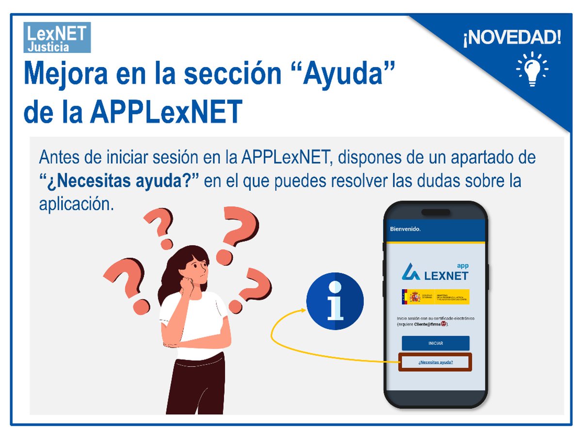 lexnetjusticia's tweet image. 🆕¿Sabías qué..?

En la #APPLexNET encontrarás la sección de &quot;Ayuda&quot; nada más entrar en la herramienta.

📲Pulsa en &quot;¿Necesitas ayuda?&quot; y tendrás toda la información necesaria.

👇👇👇