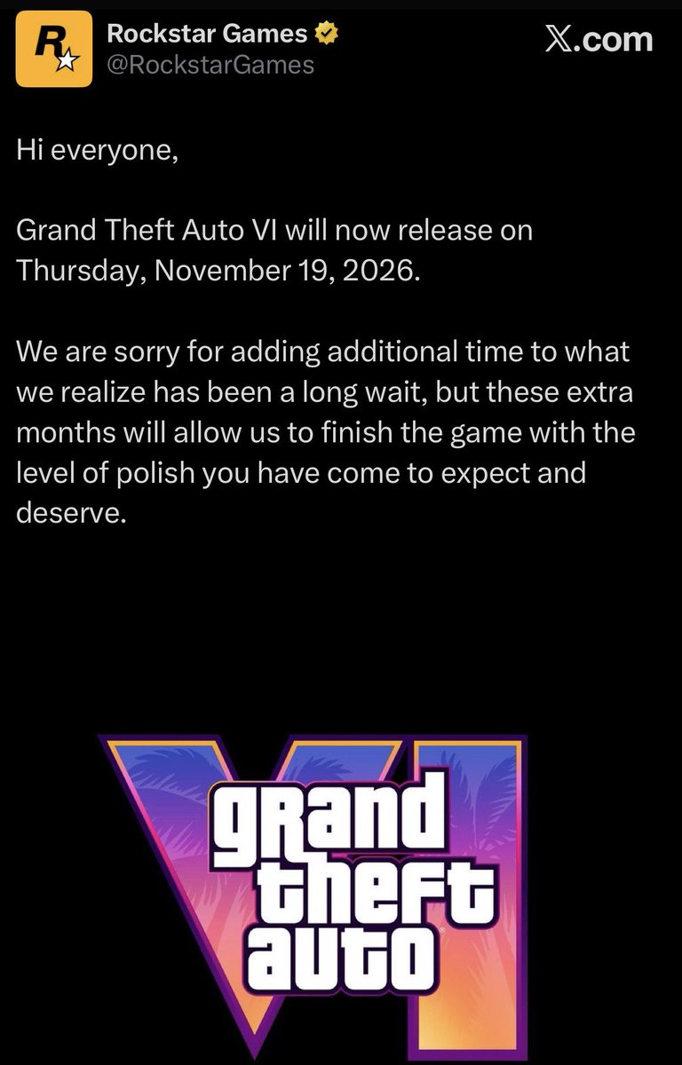 Pyramithh's tweet image. 🚨 OFICIAL: GTA VI se retrasa a 19 NOV 2026 😭

Rockstar: «Necesitamos meses extra para el pulir lo que os merecéis»  
Zelnick: «Calidad por encima de todo, será un blockbuster»  
Acciones TTWO -10 % 💥

¿Llegará en noviembre o habrá otro retraso? ¡VOTA!  
#GTA6 #GTAVI