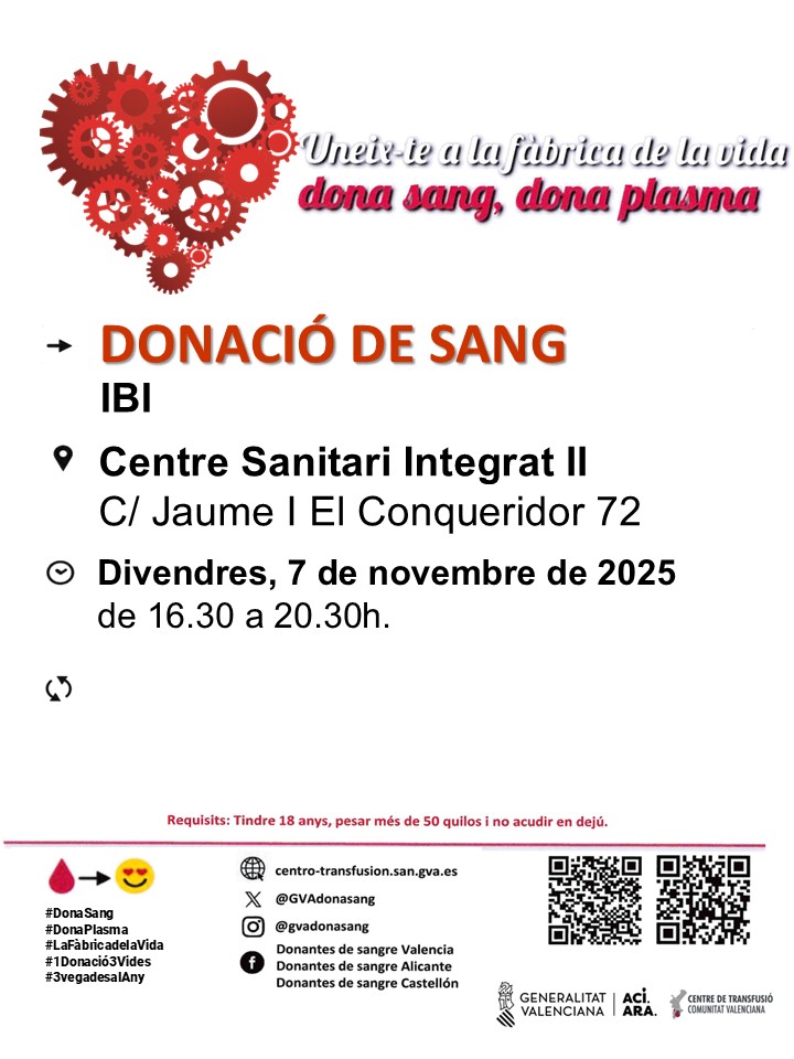 Dona sang en #Ibi 
📅 Divendres #7noviembre

Les donacions regulars de sang són imprescindibles per a garantir la disponibilitat de sang als hospitals de la Comunitat Valenciana.

#DonaSang #ComparteixVida ❤️