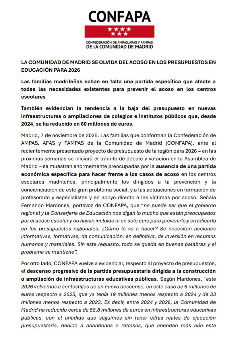 ConfapaMadrid's tweet photo. Aquí, el análisis que, desde @ConfapaMadrid, hemos hecho al proyecto de presupuestos en educación para 2026 de la @ComunidadMadrid 

- 0€ para el acoso
- O€ para climatización de aulas
- 6M€ menos para infraestructuras 
- 34M€ más para la concertada-privada

Desolador. https://t.co/3urCNYVbcv