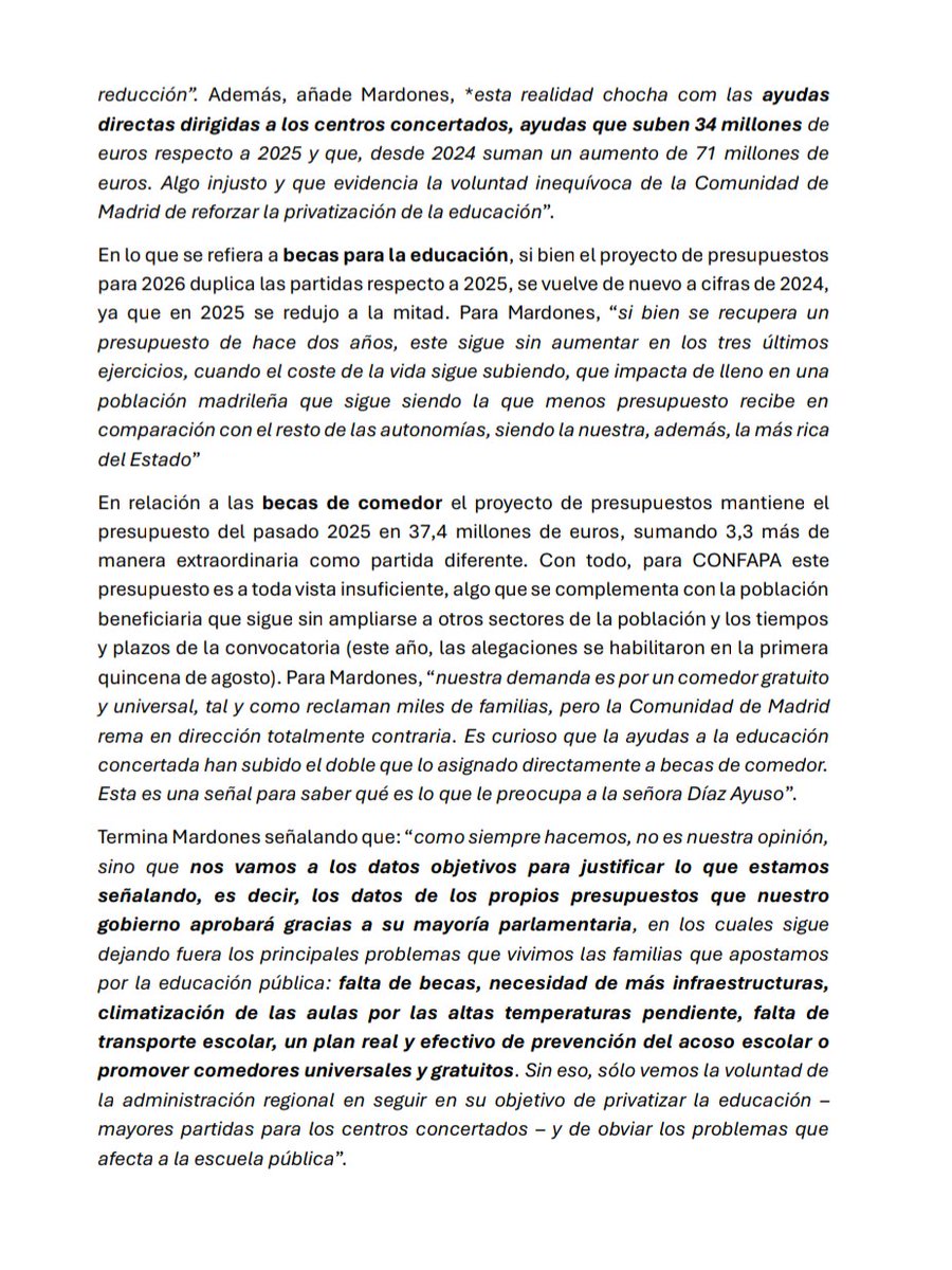 ConfapaMadrid's tweet photo. Aquí, el análisis que, desde @ConfapaMadrid, hemos hecho al proyecto de presupuestos en educación para 2026 de la @ComunidadMadrid 

- 0€ para el acoso
- O€ para climatización de aulas
- 6M€ menos para infraestructuras 
- 34M€ más para la concertada-privada

Desolador. https://t.co/3urCNYVbcv