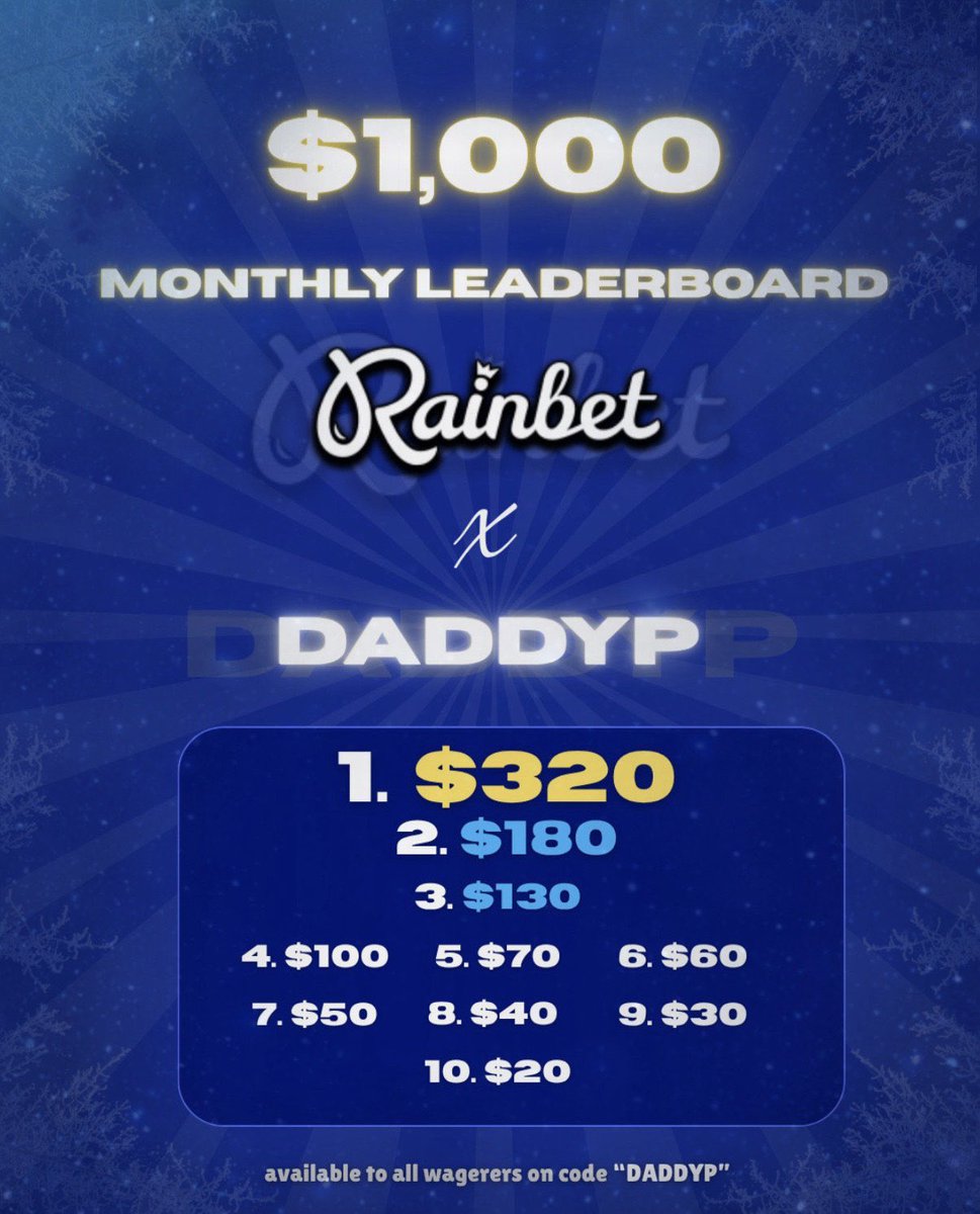 DaddyPTwitch's tweet image. DaddyP x Rainbet $1000 monthly leaderboard resets today. Sign up with code “DaddyP” to be entered.

Leaderboard here: daddyp.net