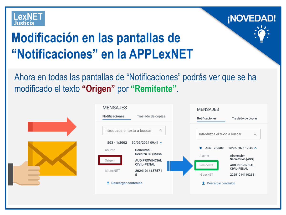 lexnetjusticia's tweet image. 📲 Entre las mejoras de la usabilidad y la experiencia de usuariodela #APPLexNET se encuentra la modificación en todas las pantallas de “Notificaciones” de “Origen” por “Remitente”.

👇🏻 Haz clic abajo en la imagen donde te lo mostramos.