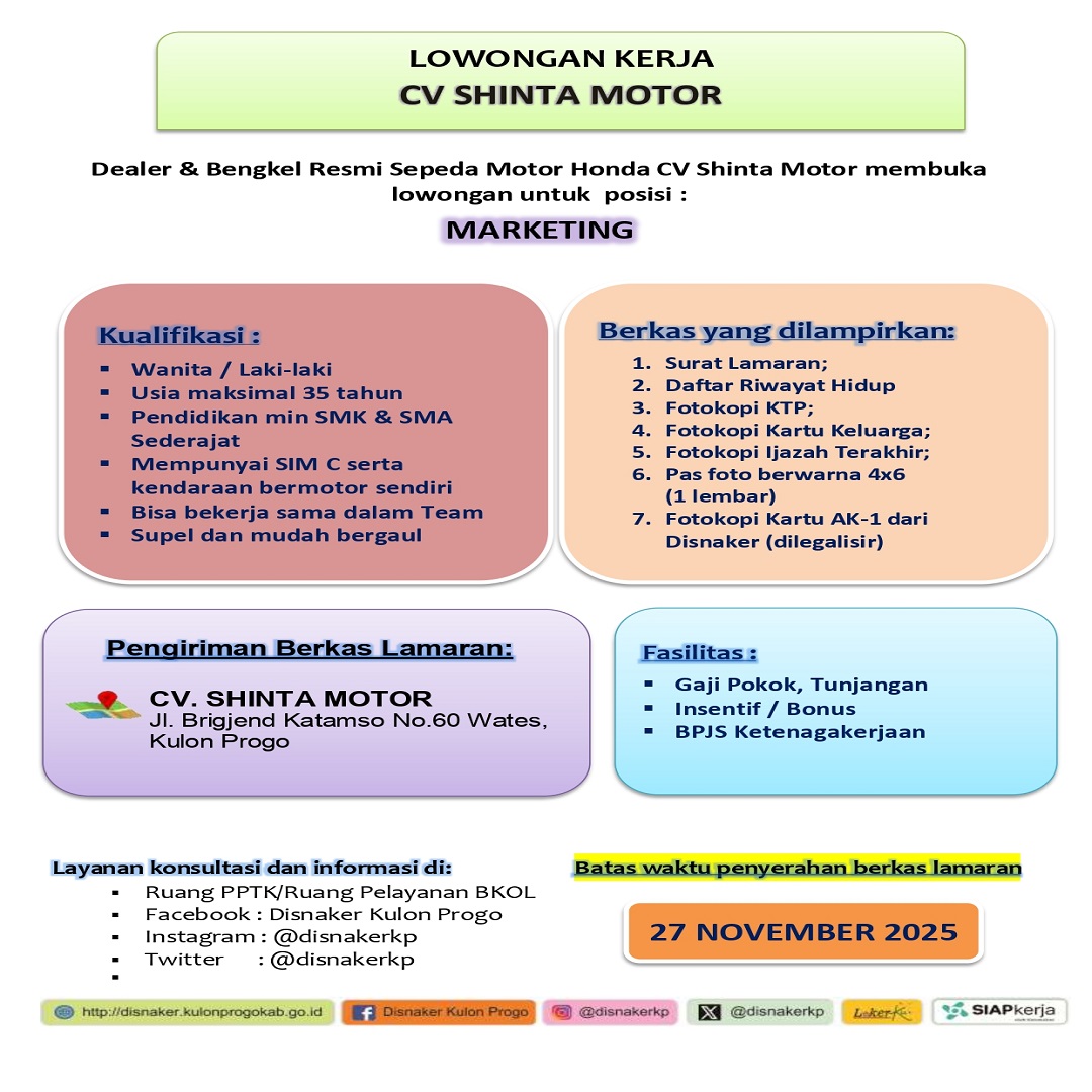 disnakerkp's tweet image. Hai rekan pencari kerja.
Hari ini kami menginfokan lowongan kerja di CV. Shinta Motor untuk posisi :
~ Marketing
Cek kualifikasinya di pengumuman ya
#lowongankerja
#kulonprogo