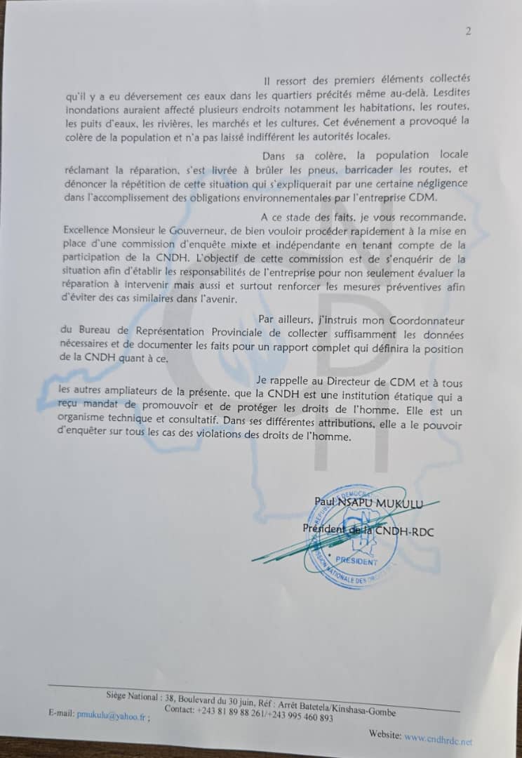 Suite aux inondations causées par la rupture du bassin de rejets industriels de l’entreprise minière Congo Domfang Minière, soupçonnés d’être toxiques, la CNDH-RDC exige une enquête urgente pour évaluer les dégâts, protéger les populations et prévenir toute récidive. #RDC #CNDH