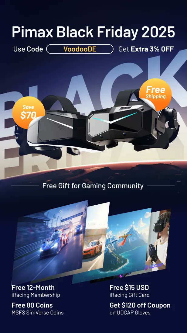 There is currently a Pimax Black Friday Sale where you can get headsets cheaper and also a nice bonus package if you use my coupon "VoodooDE" (Ad/Affiliate), check out the banner below!

#blackfriday #pimax #pimaxcrystallight #pimaxcrystalsuper