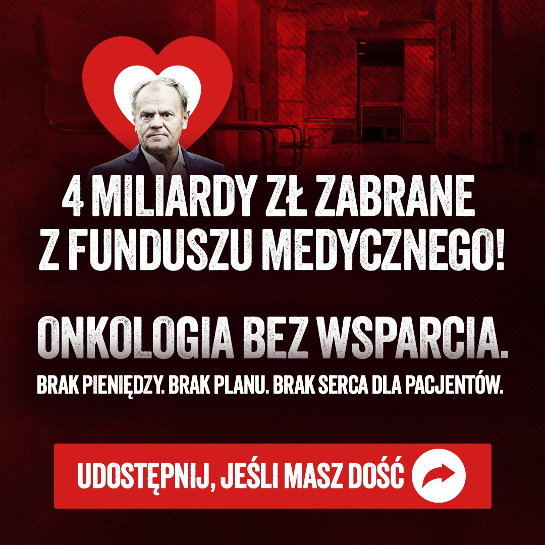4 miliardy zł zabrane z Funduszu Medycznego! 😡
🟥 Onkologia bez wsparcia. Pacjenci bez nadziei. 
💔 To jest Polska Tuska.
👉 Udostępnij, jeśli masz DOŚĆ!