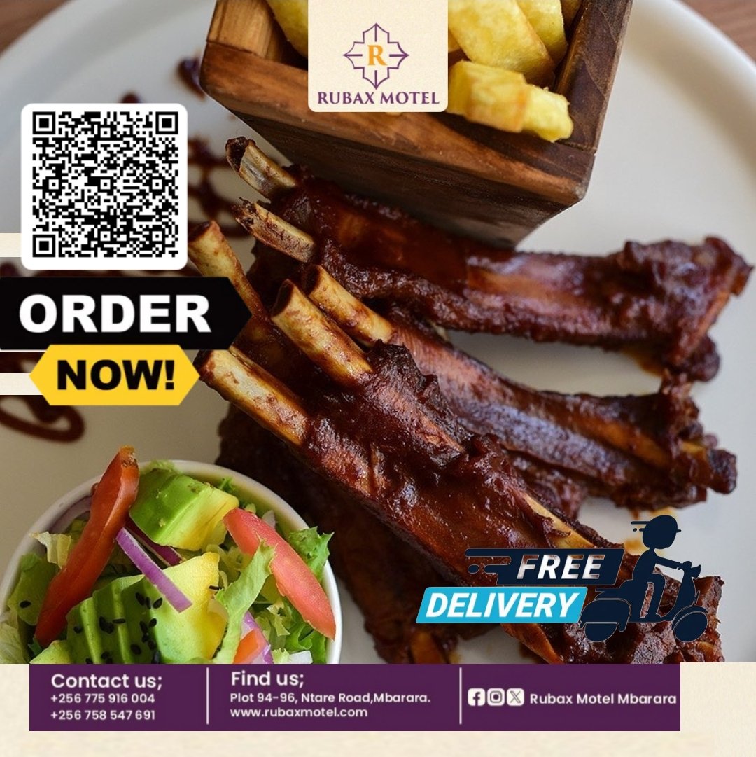 RubaxMotel1's tweet photo. Juicy ribs, crispy chips, and fresh salad all delivered from Rubax Motel Mbarara. Order now via QR or call +256 775 916 004!  #RubaxMotel #FreeDelivery #MbararaEats" https://t.co/o5Jafb111E