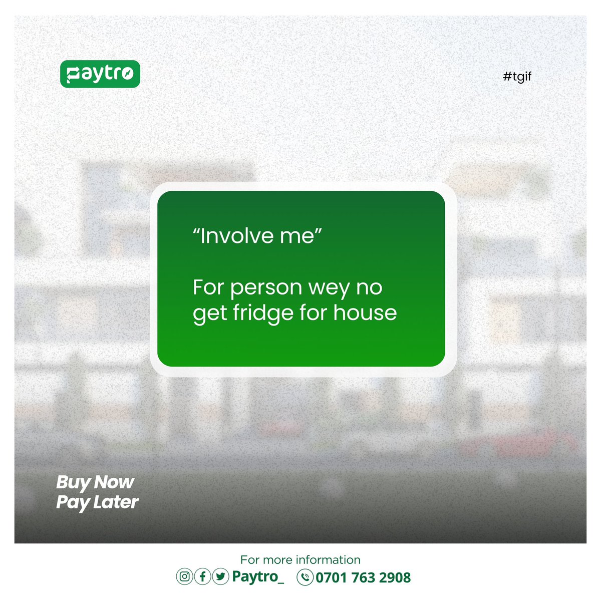 Paytro__'s tweet photo. Oya we don involve you! Buy your household electronics now and pay in easy installments. 

Happy weekend! 

#paytro #buynowpaylater #involveme #bnpl #shopelectronics  #FridayFeeling https://t.co/jruRQeXROb
