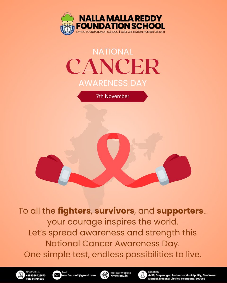 NMRFS_Official's tweet photo. 🎗️ Strength in Every Step, Hope in Every Heart 💛
On this National Cancer Awareness Day, we stand with the fighters, honor the survivors, and support every warrior bravely facing the battle. 🥊✨
#CancerAwarenessDay #NMRS #FightCancer #nallamallareddyfoundationschool https://t.co/1TJAwOx8c8