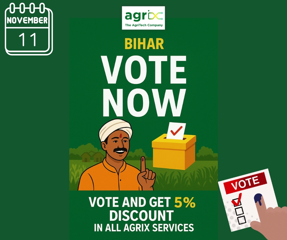 AgrixIndia's tweet image. बिहार के जिम्मेदार नागरिकों के लिए खास मौका!
11/11/25,मंगलवार  को वोट डालिए, और इंक लगी उंगली दिखाकर Agrix की कोई भी सर्विस बुक करें — पाएं 5% की छूट!
वोट सेल्फी भेजें या हमें टैग करें,
क्योंकि हर वोट की कीमत है, हर वोटर एक हीरो है! 🗳️💚 #VoteNow #BiharVotes #agrix