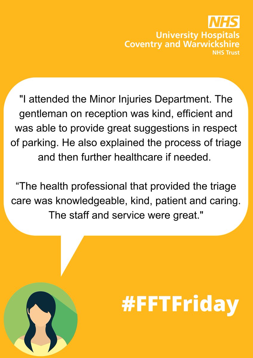 Our next #FFTFriday visit this week is to the Minor Injuries Unit <a href="/nhsuhcw/">UHCW NHS Trust</a>.

This patient felt that they were provided with kind and patient care from all staff. 

#WhatMattersToYouMattersToUs #FFTFriday