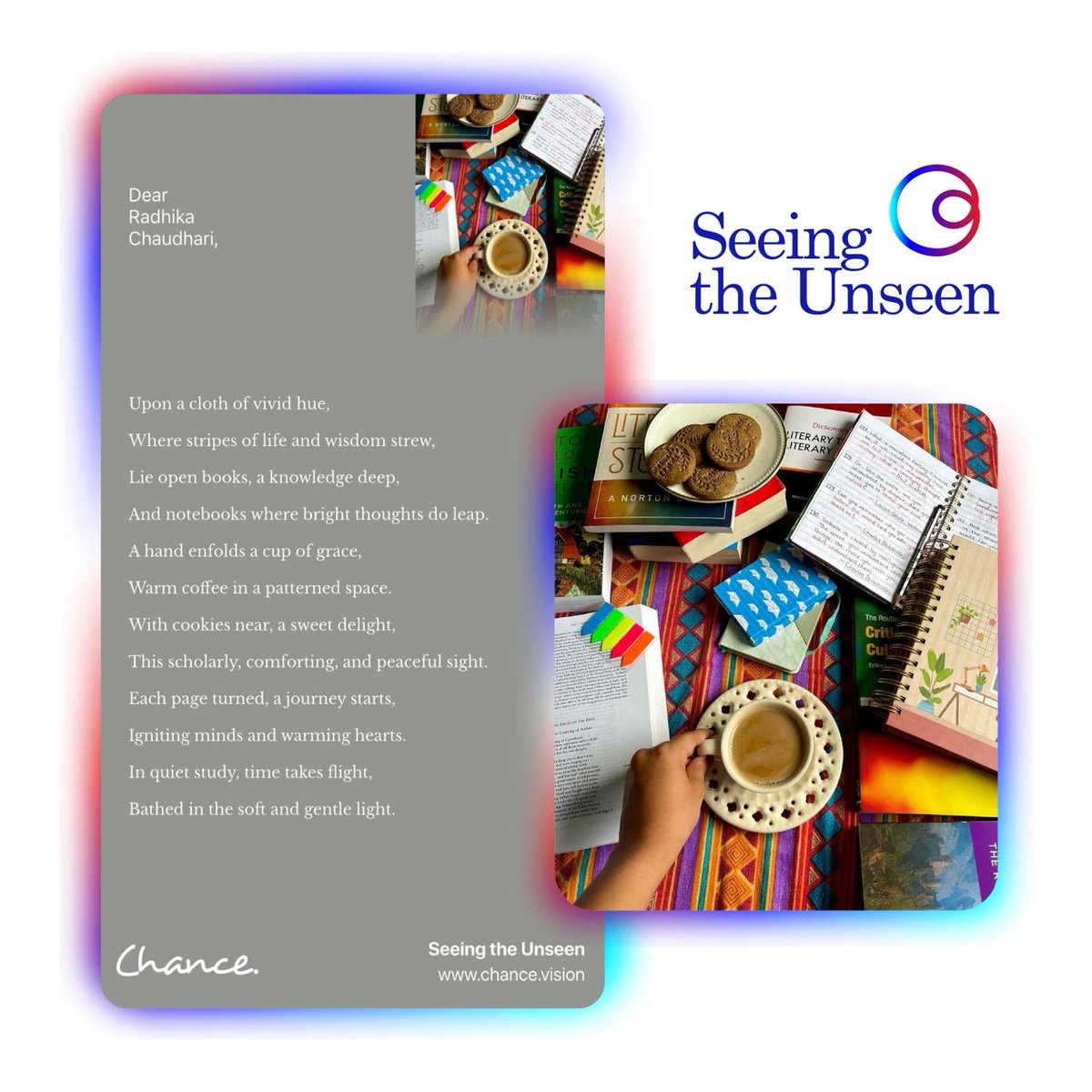 Chance_vision's tweet image. Upload a pic of your messy desk situation,

Chance might just write a poem about your procrastination 👀 🖋️

Try Now➡️ bit.ly/3KNiKmz

#ChanceAI #WorldsFirst #VisualAgent #VisualAIinIndia #FutureofAI #procrastination #studies #work #AI #Visualart #AInnovation…