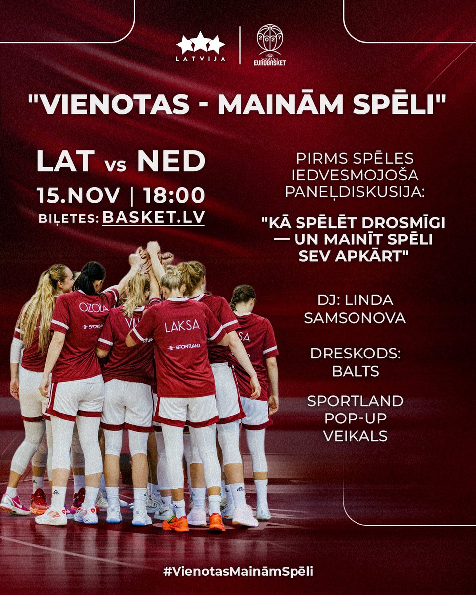 Vienotas - mainām spēli! 😎
Tiekamies jau 15. novembrī - 2027. gada 🏆 Eiropas čempionāta kvalifikācijas pirmajā mājas spēlē.
➡️ Biļetes - basket.lv

Vairāk kā basketbols - uzdrīksties mainīt spēles noteikumus! 💪
Pirms mača plkst. ⏰ 16:30 (Komandas sporta spēļu