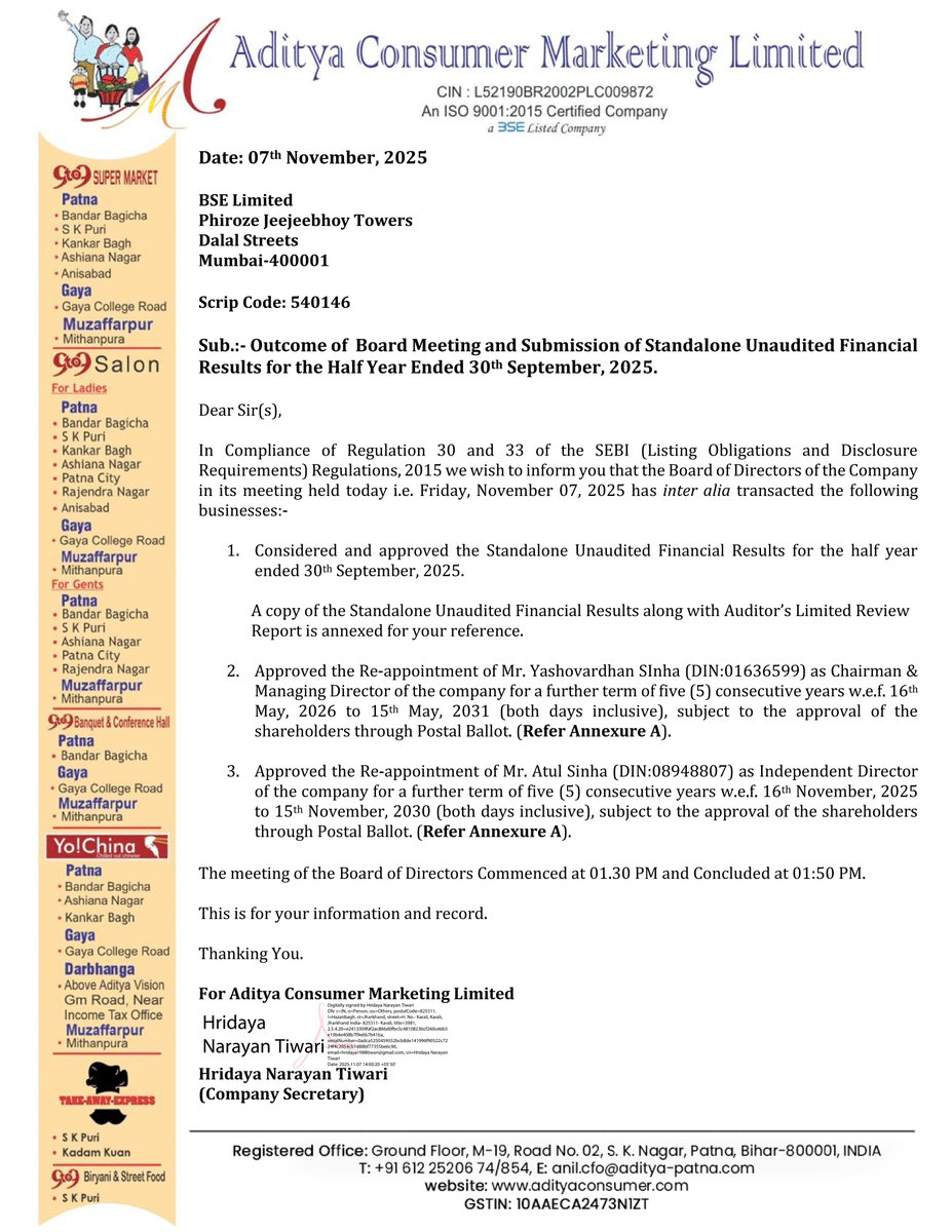 nileshkurhade's tweet image. 📌 Aditya Consumer Marketing Ltd informed the exchange about its approval for the financial results for the period ended September 30, 2025. #SME #ACML 📄🧾