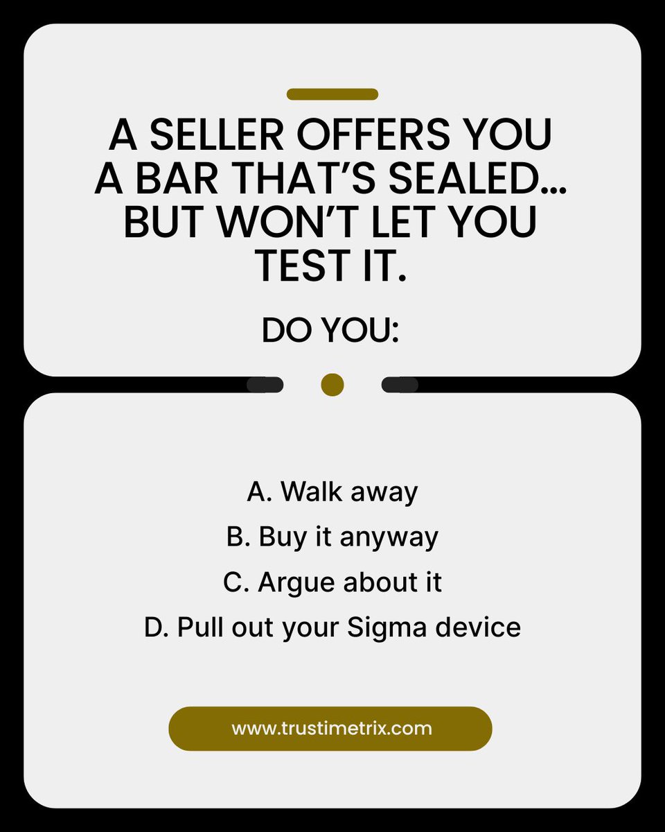 trustimetrix's tweet image. If you can’t test it, don’t trust it.

Sigma doesn’t care if it’s sealed - it cares if it’s real.

#TrustiMetrix #SigmaMetalytics #SafeAccurateTrusted #GoldVerification #BullionTools #PreciousMetals #StackWithConfidence #SigmaTester #SigmaGoldTester #GoldTester #Gold #Silver