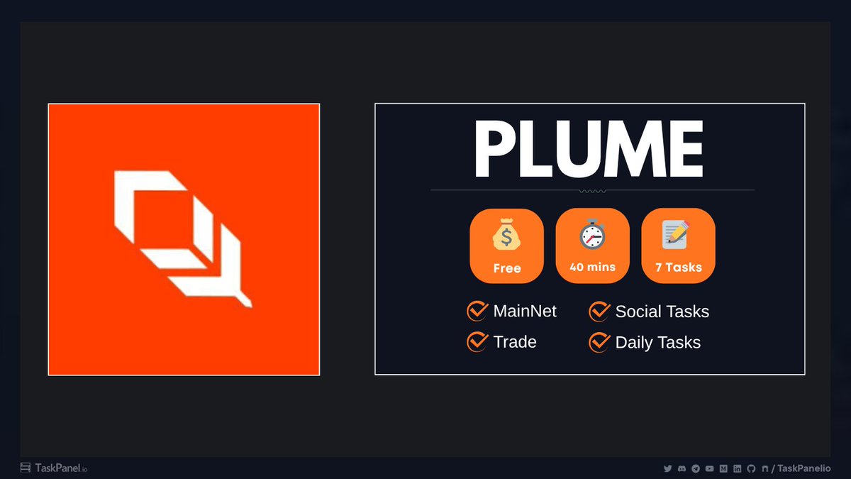 taskpanelio's tweet image. Plume Network Airdrop Tasks 🪙

The RWA-focused L2, Plume, has launched its mainnet and activated &quot;Plume Points&quot; + &quot;Nest Points&quot; (PNP) farming.

Start collecting points for the airdrop.

📝 Tasks: Mainnet Quests, Nest (Liquidity), Galxe 
💰 Cost: Free (plus gas) 
⏱️ Duration: ~15…