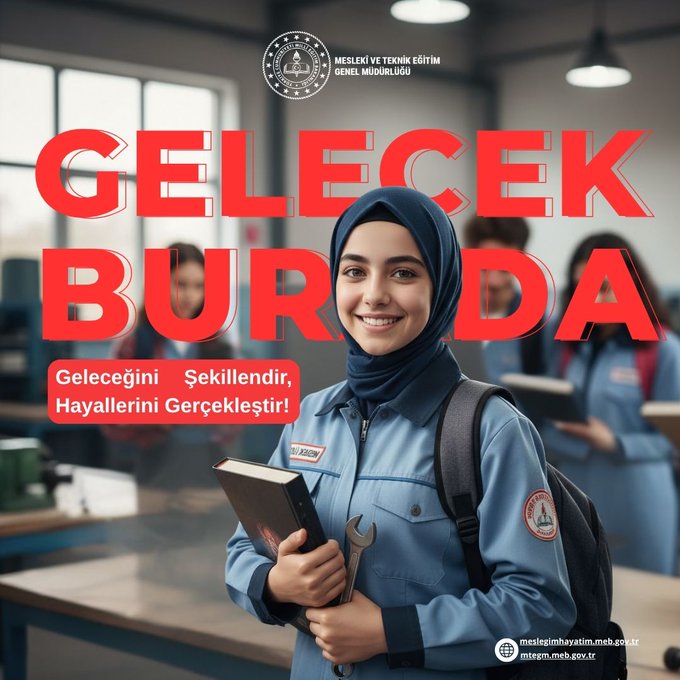 A young woman with headscarf smiling while holding a book and wrench, dressed in blue work uniform with backpack, standing in a modern workshop setting with large windows and lighting fixtures, bold red text overlay reading GELECEGINI SEKILLENDIR HAYALLERINI GERCEKLESTIR, organizations logo in corner.