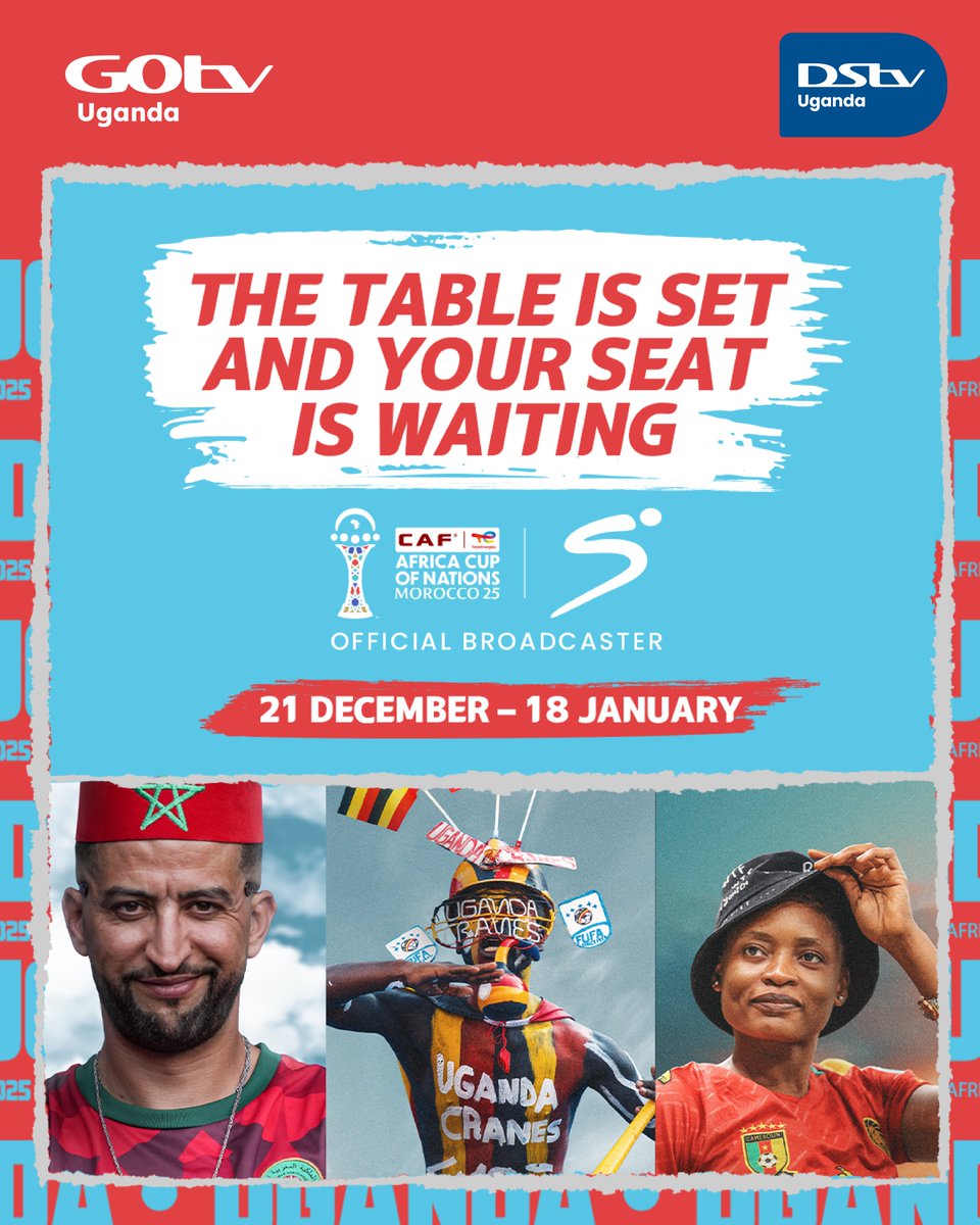 UGANDA, THE STAGE IS CALLING! 🇺🇬

This is our moment to rise, to cheer, to believe.

Stay connected to DStv and back the boys as they take on Africa’s biggest stage; TotalEnergies CAF AFCON 2025.
Together, let’s bring it home. 

AFCON2025