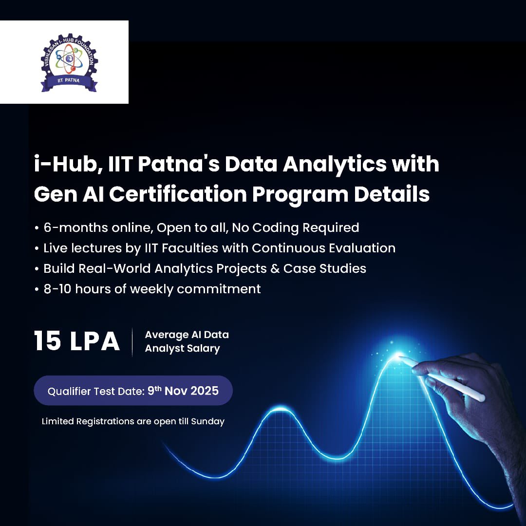mufaddal_vohra's tweet image. 🚨 6 Month Data Analytics course is LIVE for ALL, thanks to IIT Patna - ihub

Details: bit.ly/IIT_AI_DA

- Learn Excel, SQL, Python, AI from 0 to advanced
- Taught in Online Mode by Experts
- Start your Job with placement support

Entry via 1-hour test (Fee: ₹99)