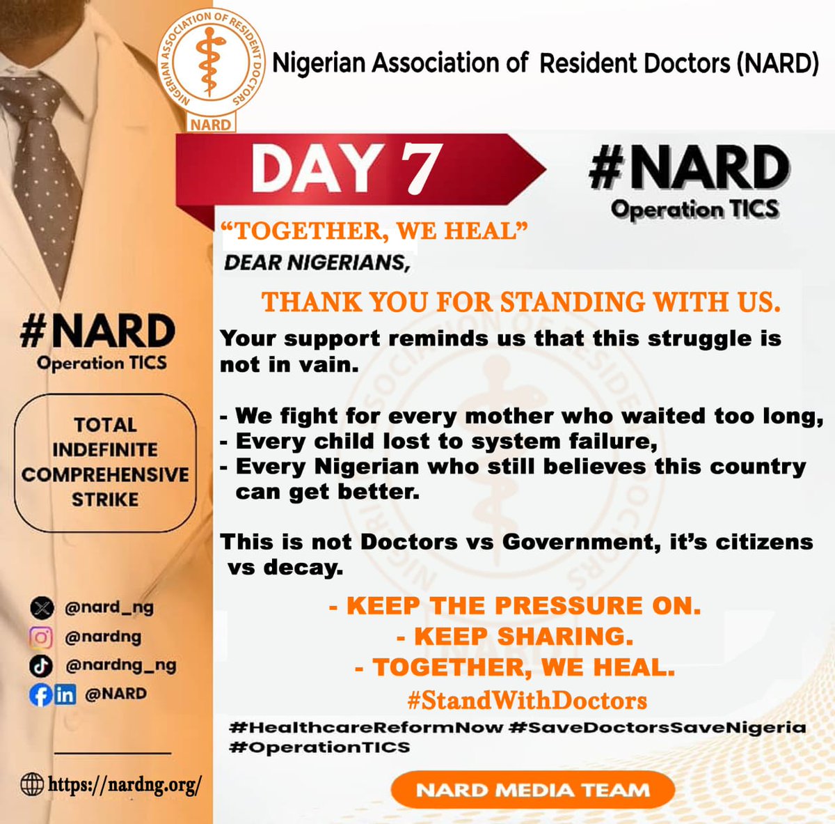 nard_nigeria's tweet image. DAY 7 — “TOGETHER, WE HEAL” 

DEAR NIGERIANS,

Thank you for standing with us.

Your support reminds us that this struggle is not in vain.

* We fight for every mother who waited too long,
* Every child lost to system failure,
* Every Nigerian who still believes this country can…
