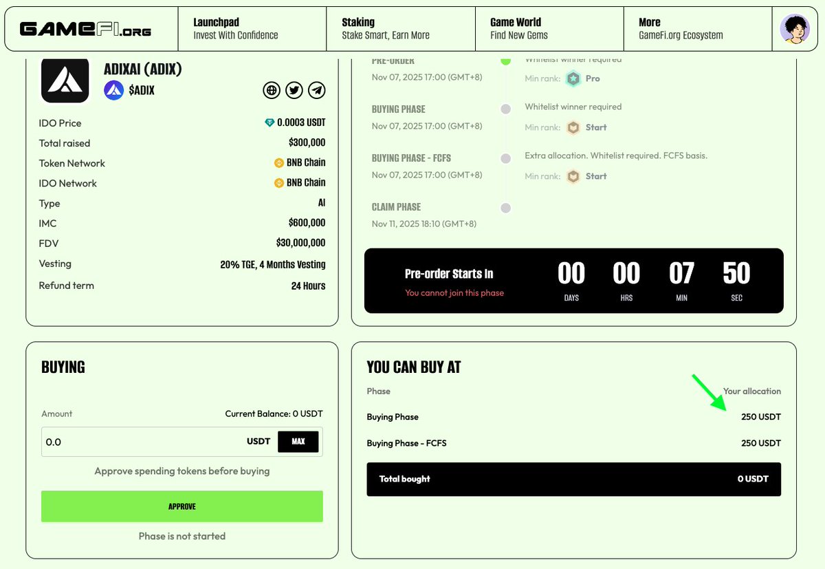 hualunjiejie's tweet image. 有没有研究过SeaFi  @SeaFi_AI这个平台IDO的，Adix @AdixAI 即将TGE，在这个平台有个IDO，刚刚看了一下有250u先到先得资格

gamefi.org/ido/adix

Adix 的任务我参与了，IDO信息如下👇
▪️开启时间：2025 年 11 月 7 日下午5点
▪️TGE：2025 年 11 月 11 日
▪️募资目标：20 万美金
▪️代币符号：$ADIX…