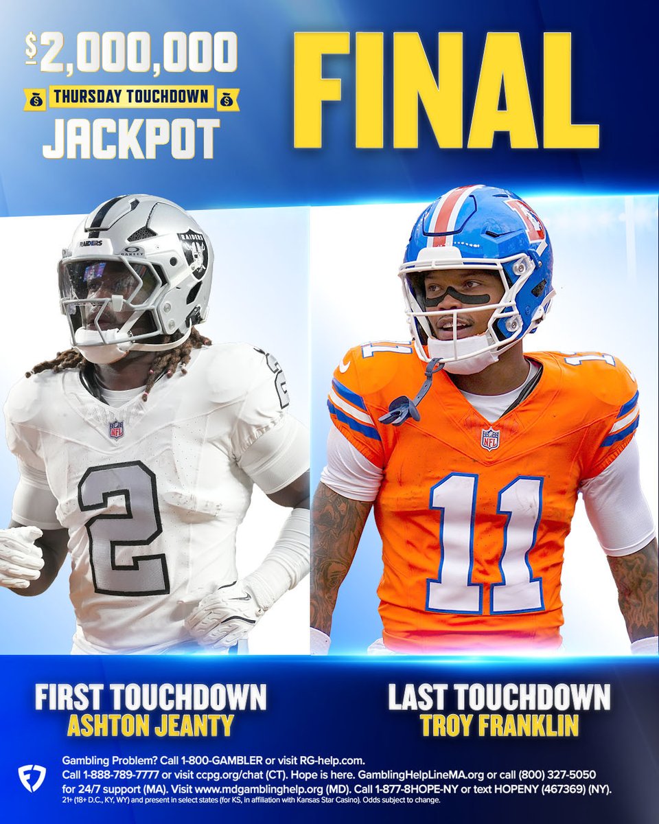 There were 2 total TDs in the game, but Ashton Jeanty and Troy Franklin pulled through 🔥

If you bet on EITHER of these guys to score an anytime TD, you'll be splitting a share of $2 MILLION in Bonus Bets 💰       

(Bonus bets will be issued within 24 hours)