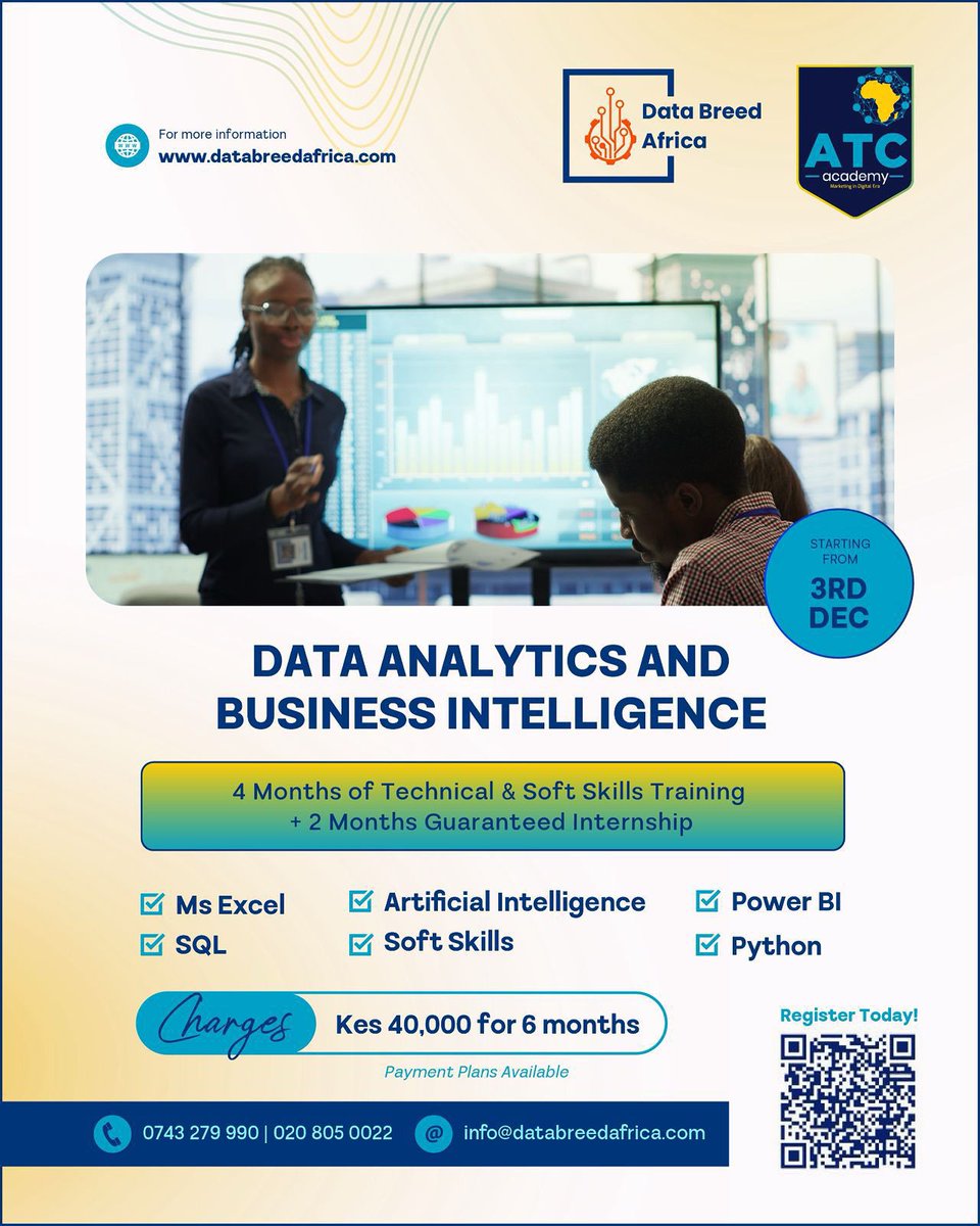 DataBreedAfrica's tweet image. 🚀 Build your career in Data Analytics, Business Intelligence &amp;amp; AI!

6 months of hands-on training + 2 months guaranteed internship.
💰 Kes 40,000 | Starts 3rd Dec | Flexible payment plans.

Join now 👉 databreedafrica.com/learn-data-ana…

#DataAnalytics #AI #TechSkills #DataBreedAfrica