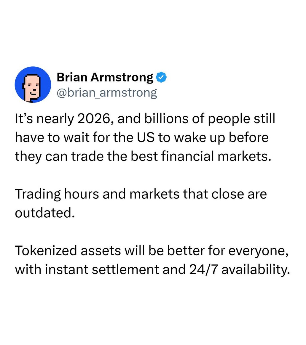 CryptoNewsHntrs's tweet image. JUST IN:
COINBASE CEO BRIAN ARMSTRONG SAYS:
&quot;TRADING HOURS AND MARKETS THAT CLOSE ARE OUTDATED.&quot;
&quot;TOKENIZED ASSETS WILL BE BETTER FOR EVERYONE, WITH INSTANT SETTLEMENT AND 24/7 AVAILABILITY.&quot;

#CryptoRevolution #TokenizedAssets #24_7Trading #FutureOfFinance