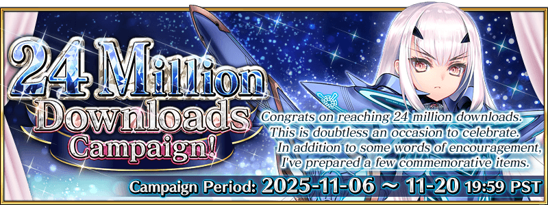 FateGO_USA's tweet photo. Masters, congratulations on 24 million downloads! We'll be holding the 24 Million Downloads Campaign in celebration of your accomplishment! This includes a Special Accrued Login Bonus, limited time Pickup Summons, and more!

More info ➡️ https://t.co/Ij9RmAlfEI
#FateGOUSA https://t.co/P7J7ikxTAE