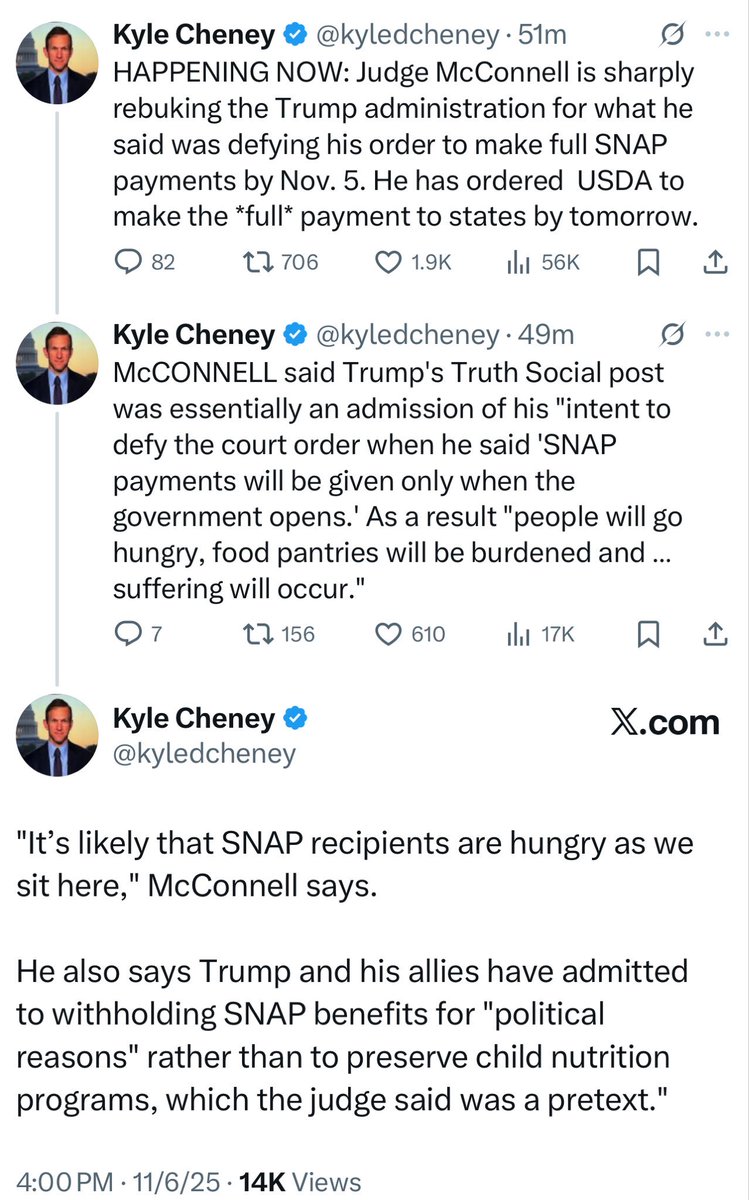 #SNAP  #ThisIsTrumpsShutdown #wtpBLUE  WE THE PEOPLE  wtp2915
 
U.S. District Judge John J. McConnell Jr. ordered the Trump administration to make payments to fully fund the SNAP benefits for the month of November by Friday, 11/7/25.  The Judge said "People have gone without for