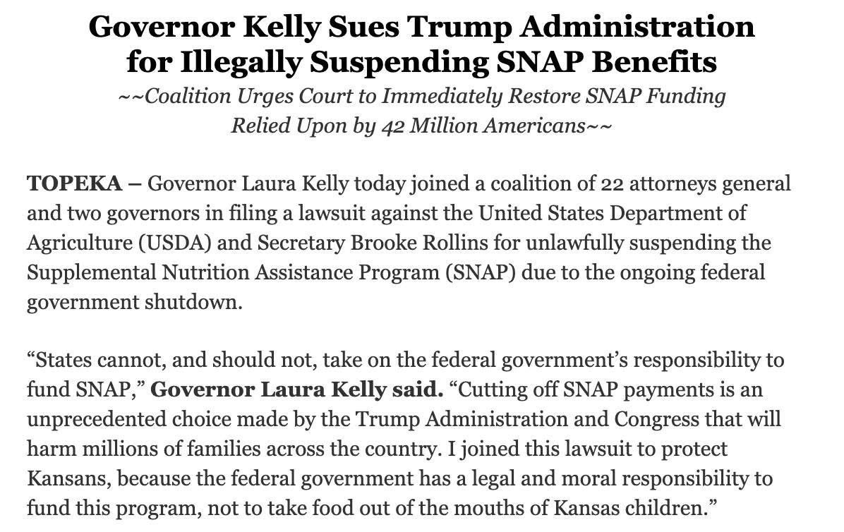 #SNAP  #ThisIsTrumpsShutdown #wtpBLUE  WE THE PEOPLE  wtp2916
 
Not only has USDA ordered grocery stores to stop offering discounts to SNAP beneficiaries, but now the Republican Attorney General of Kansas in interfering with the Democratic Kansas Governor’s efforts to provide