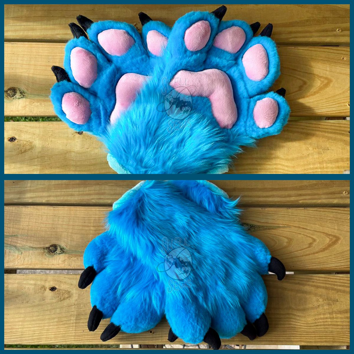 Shellsews's tweet image. Handpaws for Sky! These are fully lined, feature minky claws and pawpads. Made with Kloofsuits' pattern!

Furs used: Azure from Howl Fabric.