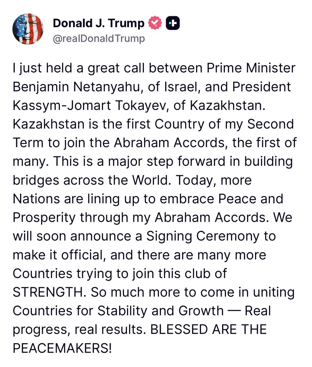 Kazakhstan 🇰🇿 have agreed to join the Abraham accord 🤝 with Israel🇮🇱, to God be the glory