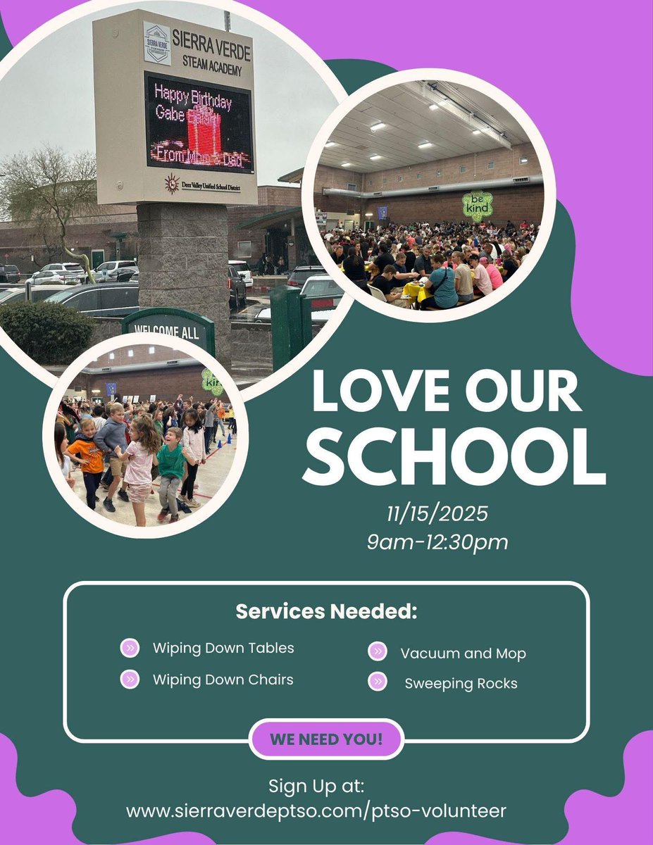 SVViperPride's tweet photo. Volunteers Needed for Love Our School Day! Join us Nov 15 for a special day of service, community, & school pride!
Sign up now on our website to choose your time slot & be part of the fun!
Let’s show some love for our school together! 💜💚
#LoveOurSchoolDay #ViperPride https://t.co/b9xko5neWt