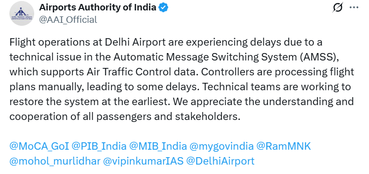 ANI's tweet photo. Airports Authority of India (AAI) tweets, "Flight operations at Delhi Airport are experiencing delays due to a technical issue in the Automatic Message Switching System (AMSS), which supports Air Traffic Control data. Controllers are processing flight plans manually, leading to some delays. Technical teams are working to restore the system at the earliest..."