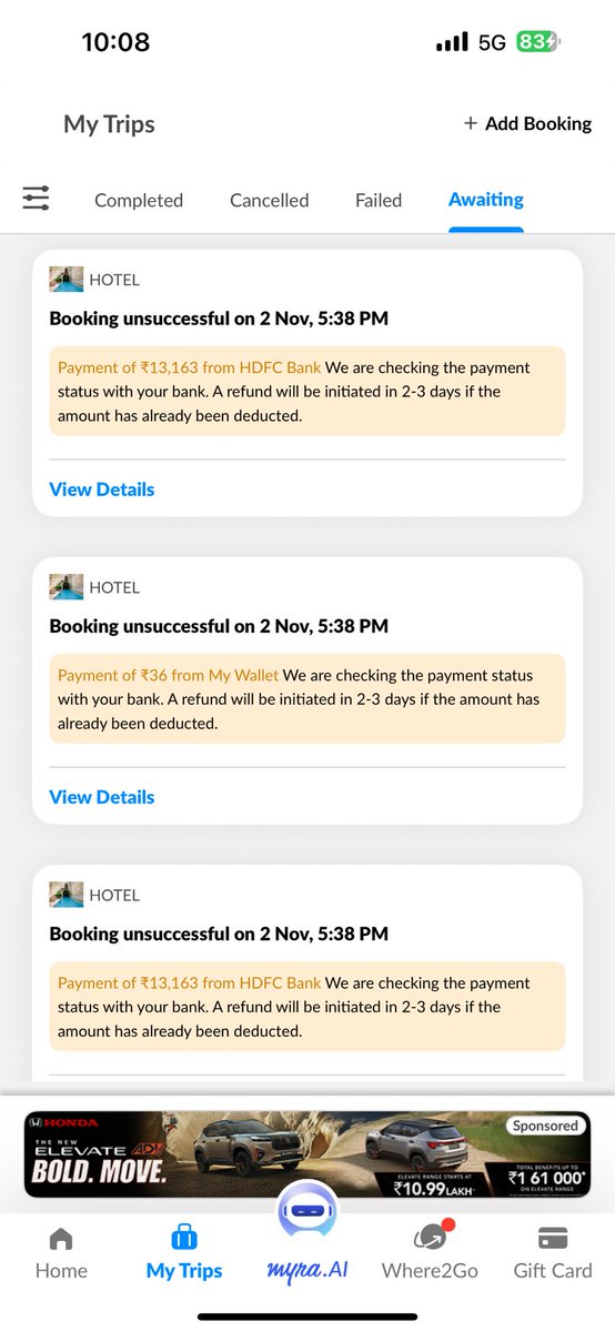 rathi0104's tweet photo. @makemytrip my booking failed twice but amount deducted, when I contacted customer care the lady said she will put me an email to share the screenshots. I am chasing them since 2nd Nov.

Poor customer service lead to loosing clients. Pl look and refund my amount https://t.co/2kDyHvBSmV