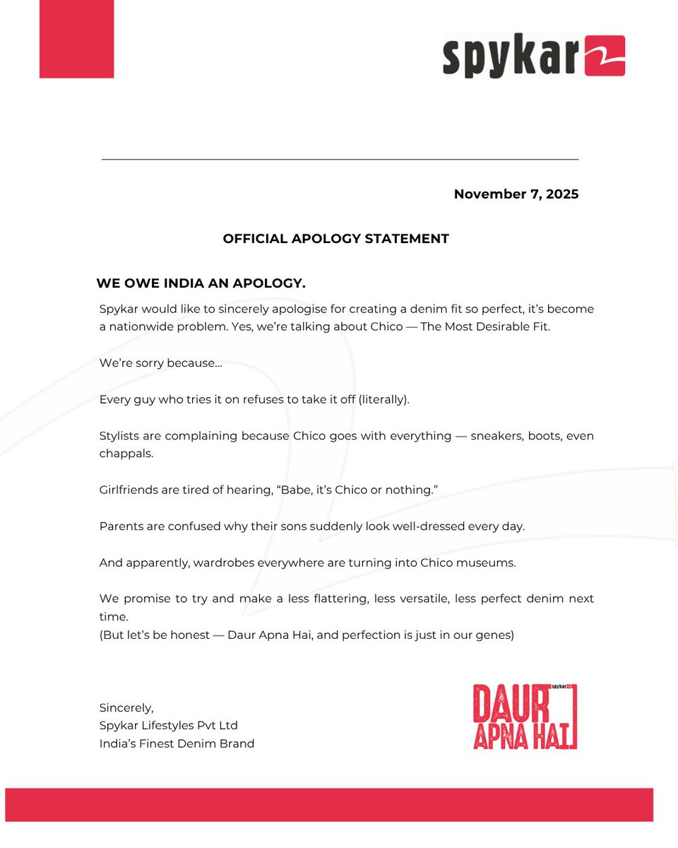 Please forgive us but we will always ace the perfect denim fit - Chico! 😉

#Spykar #DaurApnaHai #ChicoBySpykar #Chico #ApologyTrend #Apology