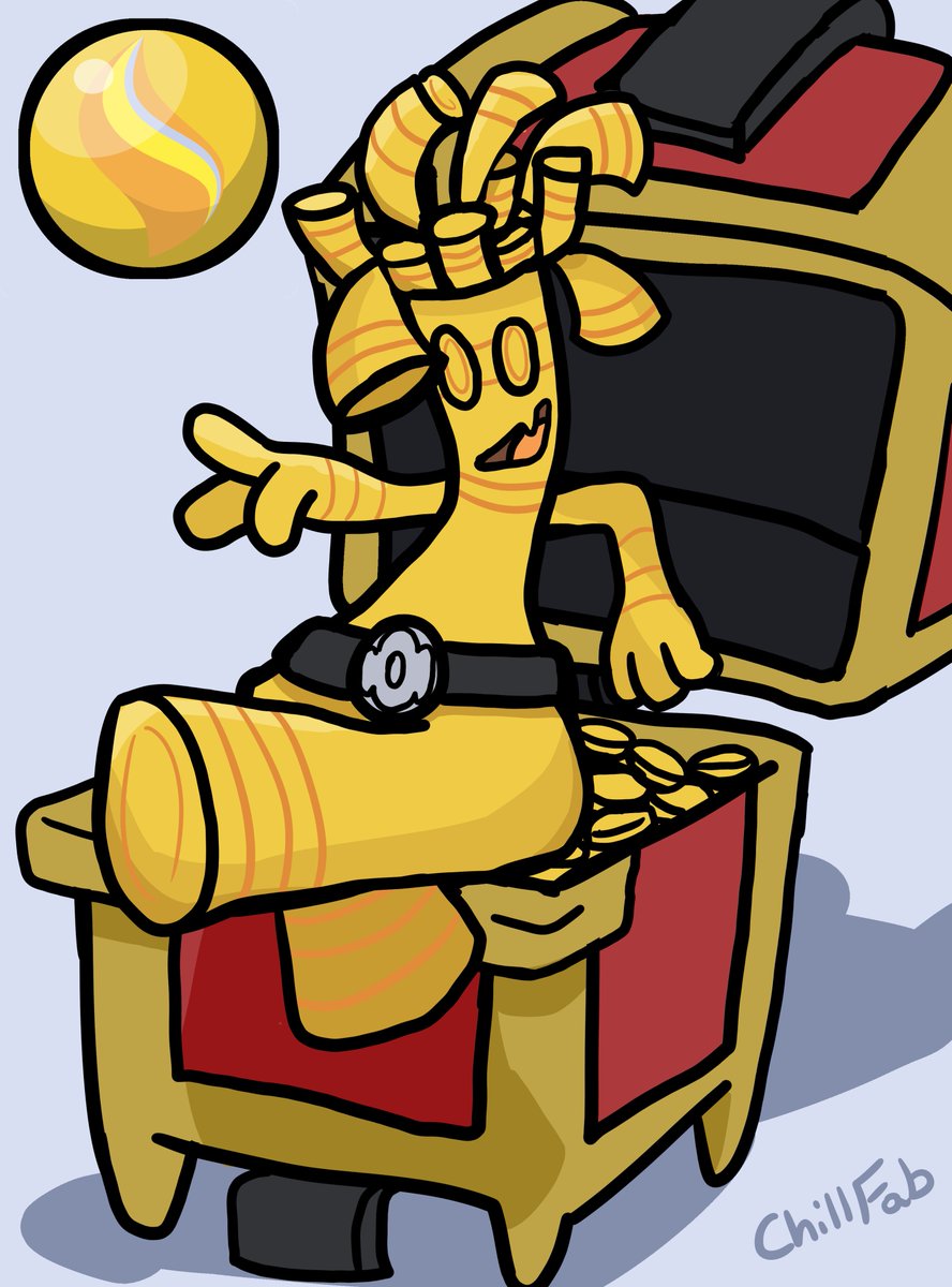ChillFab__'s tweet photo. I saw a page where you can make a mega stone for all pokémon so I saw a cool opportunity to rework on my Mega Gholdengo idea, being the chest a throne and get a crown made of coins or coin hair
I really don't post or do sfw-ish stuff but is cool sometimes :p
#fakemon
#megafakemon https://t.co/KaoXzSDruz