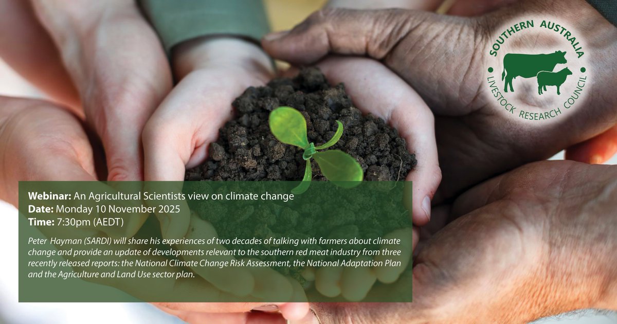 SalrcInc's tweet photo. 🌏Webinar reminder 🌏

10 November @ 7.30 pm (AEDT)
An agricultural scientists view on climate change.

Register now via the SALRC website
https://t.co/hVeCqJAR30 https://t.co/DKDwreAgCt