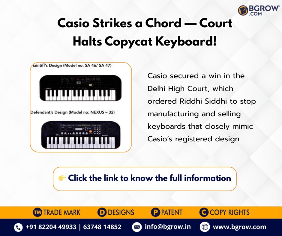 Bgrowindia's tweet image. 🔗 Read full case: bgrow.com/post/casio-kei…

“Casio Halts Design Copycat: Keyboard Shape Protected by Delhi HC!”

BGROW SOLUTIONS PVT LTD
📞 +91 63748 14852 | 82204 49933
🌐 bgrow.com 

 #riddi #DesignProtection #KeyboardDesign #BrandProtection #BgrowSolutionsPvtLtd