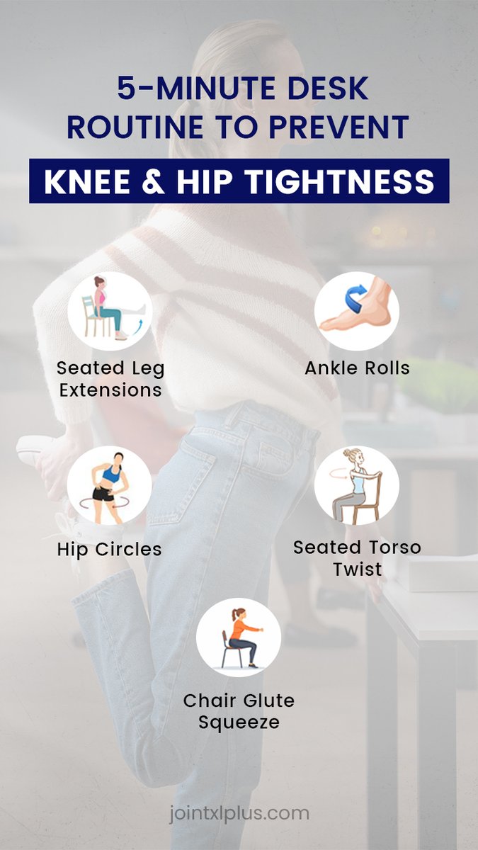 jointxlplus's tweet image. Sitting all day? 🪑 Your hips &amp;amp; knees deserve a quick break!
Try this 5-minute desk routine — leg extensions, ankle rolls, hip circles &amp;amp; more — to stay flexible and pain-free. 💪✨
#DeskRoutine #MobilityMatters #JointHealth #WorkdayWellness #JointXLPlus