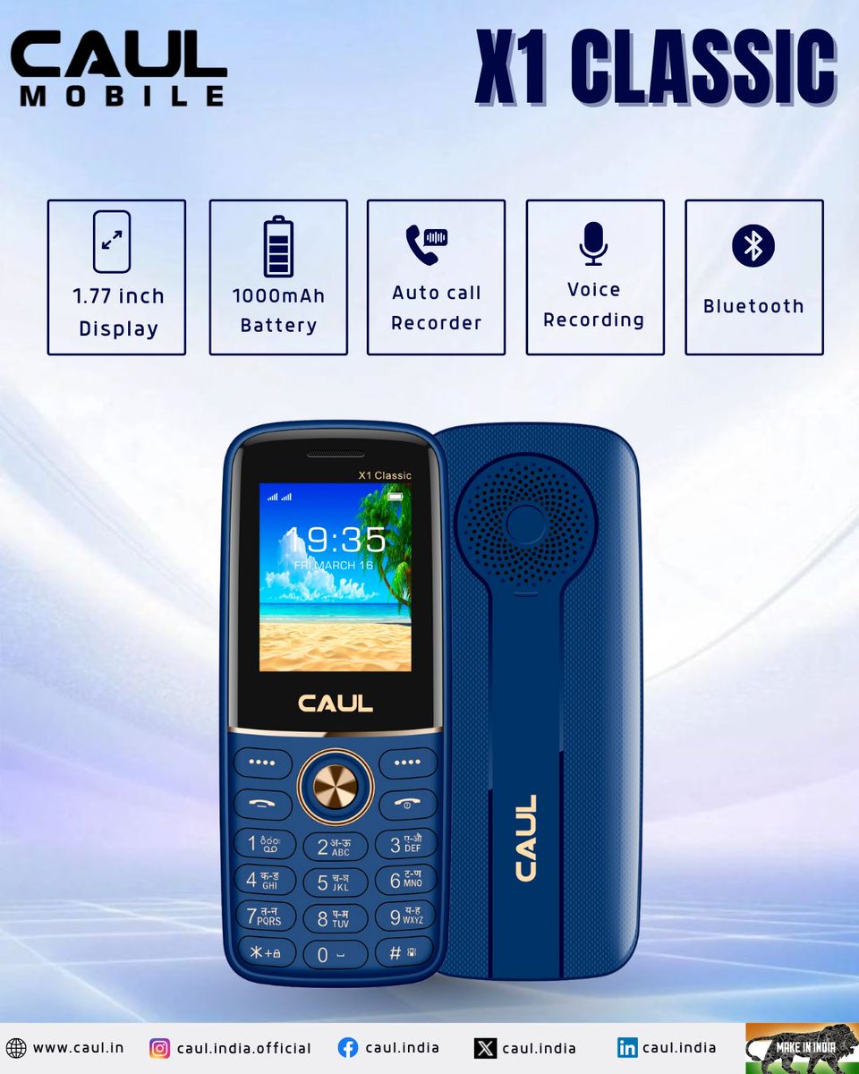 CaulIndia's tweet image. CAUL X1 Classic — Compact &amp;amp; Reliable
With a 1.77” display, 1000mAh battery, Auto Call Recorder, and Bluetooth, stay connected effortlessly.
📞 For inquiries, contact us at +91-9990330058
Marketed by: @decoraciondigital

#EverydayTech #StayConnected #MadeInIndia