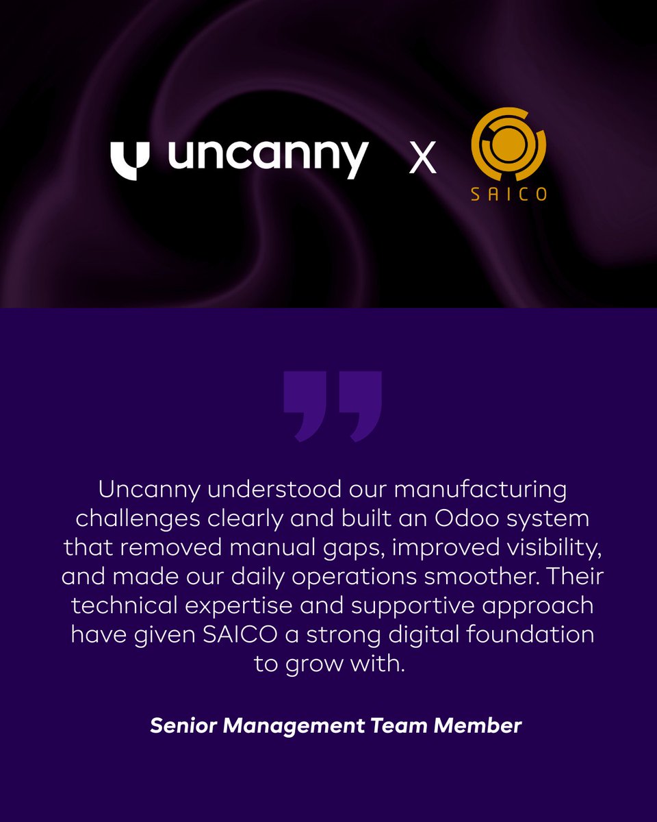 uncannycs's tweet image. Strong systems require the right implementation partner.

And here is proof of what that partnership can deliver.

Here’s what a senior member of SAICO’s management team shared about their
operational transformation through our Odoo  implementation.

#uncanny #odooimplementation