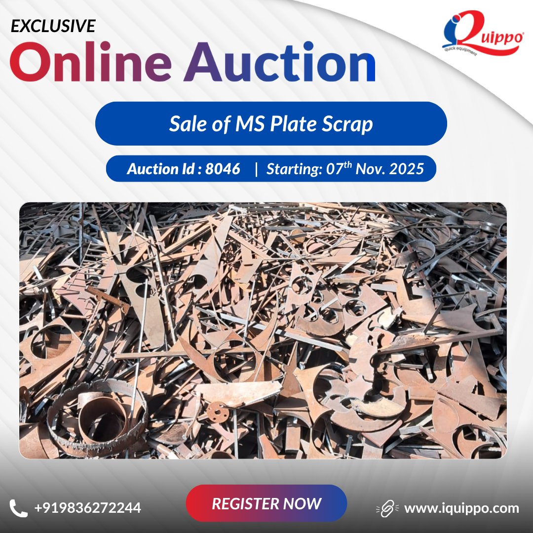 IQuippo's tweet photo. ♻️ Sale of MS Plate Scrap!
Bid Now &amp; grab valuable scrap material at the best price.
🕒 Start: 07-11-2025 | 4:30 PM
⏰ Closing: 07-11-2025 | 5:30 PM
📞 Call: +91 9836272244
👉Register Now : https://t.co/D1YtNcU72w

#iQuippoAuction #ScrapSale #MSPlate #MetalScrap #Industrial https://t.co/4Zk1EhB5CO