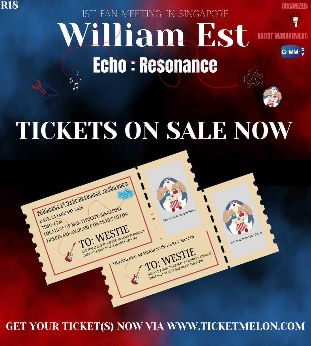 DAYCON_ENT's tweet image. 🎉 It’s time! 🎉

Tickets for WILLIAMEST 1st Fan Meeting “ECHO: RESONANCE” in Singapore are ON SALE NOW! 💙

🎟️ Grab yours now via ticketmelon.com/daycon/william…

#WilliamEst1stFMinSingapore
#WilliamEst
#GMMTV
#DAYCON