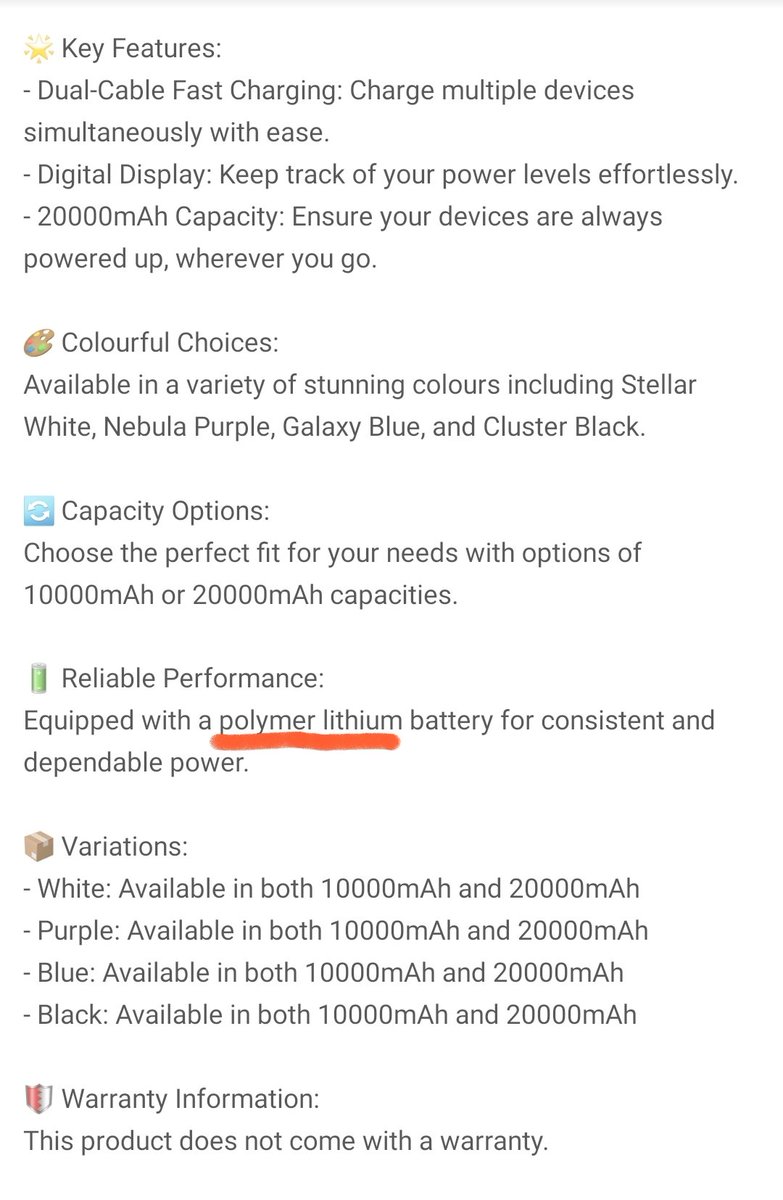 Jangan pandang pada Brand tapi check specification power bank tu sendiri

Tips dia skrg nak beli power bank jangan beli Lithium Polymer battery built power bank tapi prefer lithium Ion battery built

Lagi elok guna bateri 21700 tapi kalau 18650 pun ok je kalau nak murah
