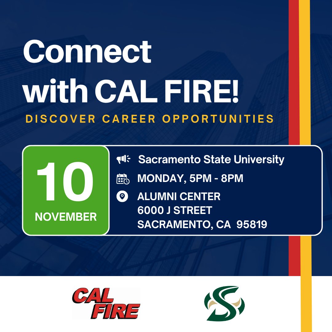 📢 We’ll be at the Pathways to Success: Career Fair!
@CALFIRE is excited to connect with Sacramento State students, recent graduates, and alumni to explore career opportunities, and build meaningful professional connections! 
Mon., Nov. 10, 2025 / 5PM-8PM
6000 J St., Sacramento