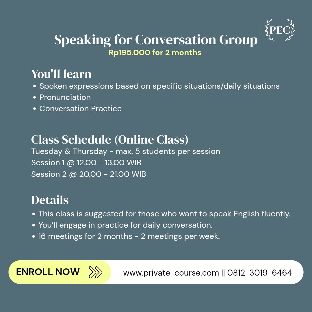Hi, folks!
Pendaftaran kursus Bahasa Inggris The PEC sudah dibuka kembali untuk periode Desember 2025 - Januari 2026.

Tersedia kelas grup dengan biaya yang sangat terjangkau dan kelas privat 1on1 dengan jadwalnya fleksibel

✉️: wa.me/6281230196464